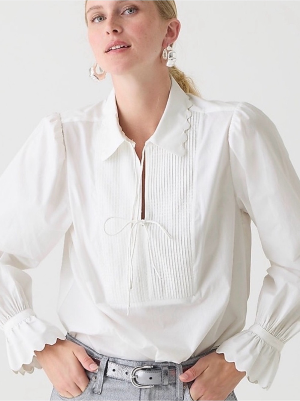 J. Crew White Pintuck Tie-Front Cotton Blouse
